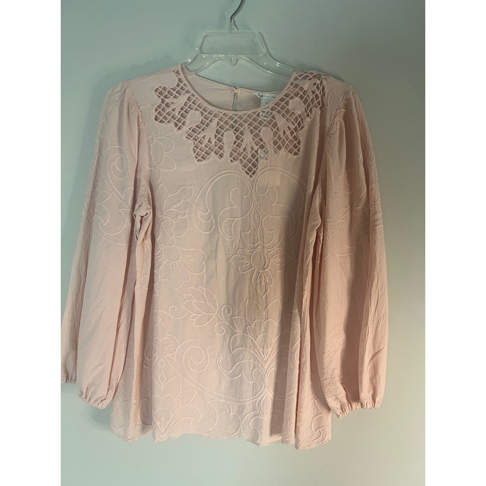 Cato Womens Pink Cotton Embroidered Crochet Neck Long Sleeve Blouse NWT Medium‎